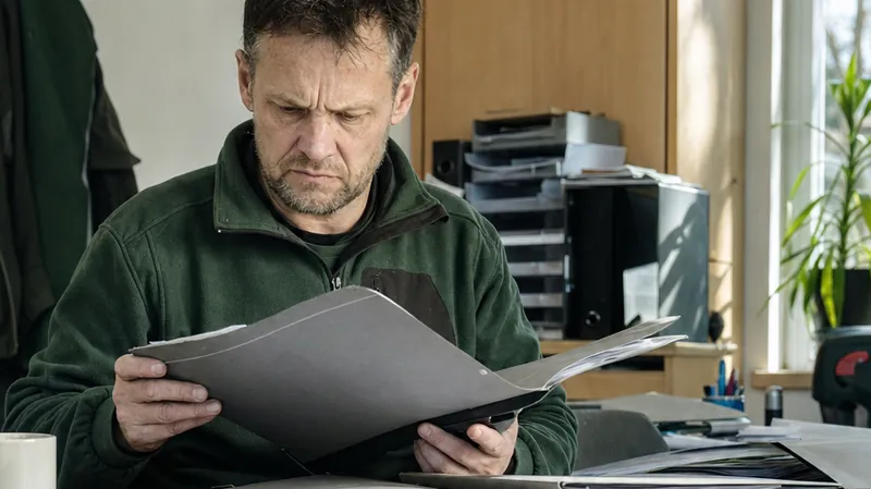 Inhaber sichtet abends Bewerbungen im Büro