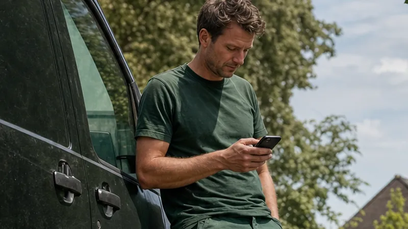 Landschaftsgärtner mit Handy am Transporter